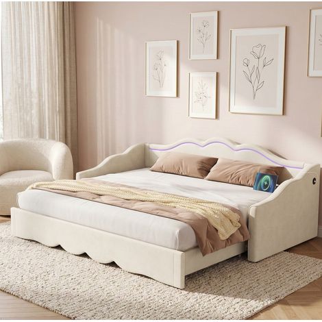 Letto daybed classico in velluto beige 90x200/180x200 cm con testiera sagomata, estraibile, LED e porte USB/Type-C