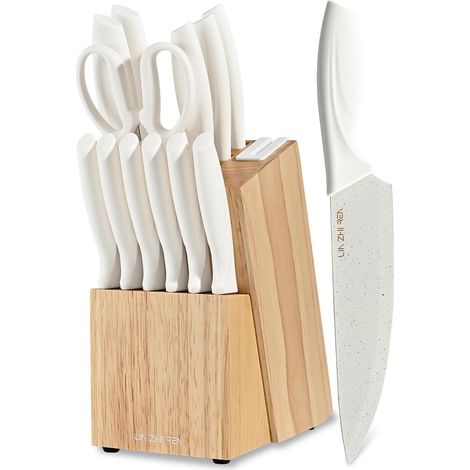 Ensemble de couteaux avec bloc, ensemble de 15 couteaux de cuisine, couteaux de cuisine pour hacher, trancher, couper en dés, lavables au lave-vaisselle, aiguiseur intégré, blanc (1/5)