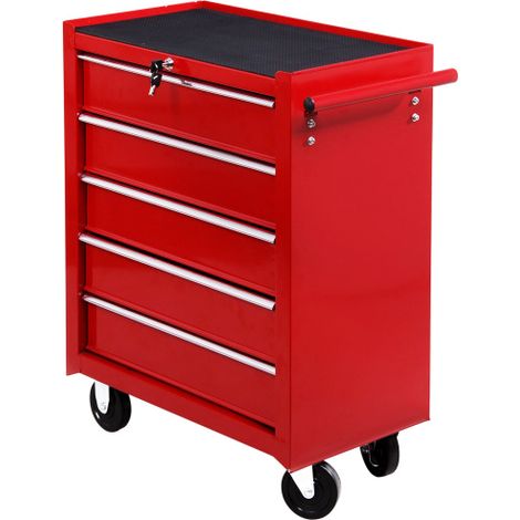 Red 5 Drawer Tool Chest on Wheels, Lockable Steel Trolley with Side Handle, Perfect for Garage and Workshop Storage.