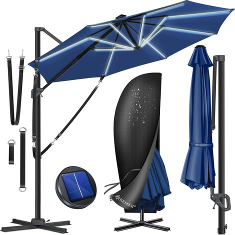 KESSER® Sonnenschirm Ampelschirm SUN Rund XL Ø330 cm Inkl. Abdeckung + Windsicherung 7-Fach Verstellbar Drehbar Neigbar Kippbar Groß 360° Drehbar Navyblau / Mit LED (1/5)