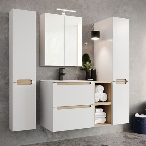 Badezimmermöbel Set Hochglanz weiß mit Trüffel-Buche SOFIA-107 60cm Keramik-Waschtisch & LED-Spiegelschrank, B/H/T ca. 170/200/46 cm (1/5)