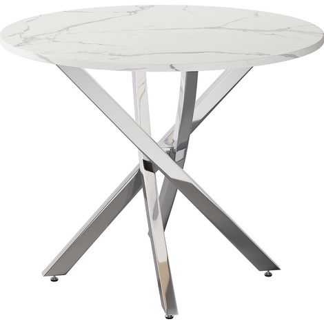 Table à manger 80 x 80 x 75 cm format rond plateau effet marbre pieds argent galvanisé style moderne style minimaliste blanc et (1/5)