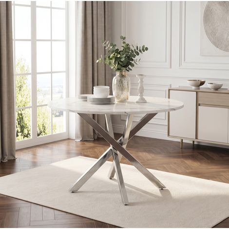 Mesa de comedor redonda 80 cm, estilo moderno, tablero efecto mármol, patas cromadas, MDF blanco y plateado (1/5)