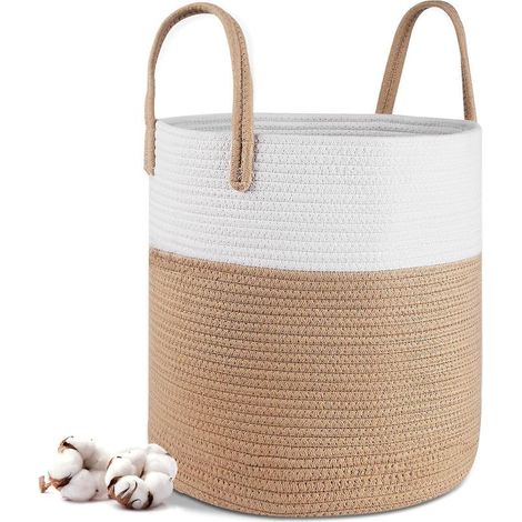 Panier a Linge - 40 x 35 cm Paniers de Rangement Pliables - Panier à Linge en Corde de Coton avec Poignées - Panier de Rangement pour Jouets - Pour le salon, la salle de bain,Jaune (1/5)
