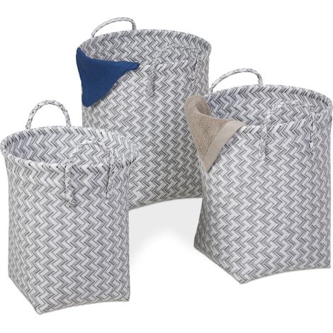 Relaxdays Laundry Basket, Set of 3, Storage Baskets, 3 Sizes, Woven Storage Basket, Handles, Toy Basket, Plastic, Grey (1/5)