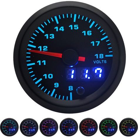 Jauge de voltmètre, 12 V 52 mm Plage de Tension 8-18 Volts 7 Couleurs Lentille fumée Instrument Automobile Fit pour Voiture de Course 12 V. (1/5)