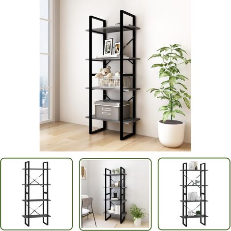 The Living Store Bücherregal 4 Böden Grau 60x30x140 cm Massivholz Kiefer - Industrielles Design - Buche Regal - Bücherregal Grau - Regal Aus Massivholz - Bücheraufbewahrung (1/5)