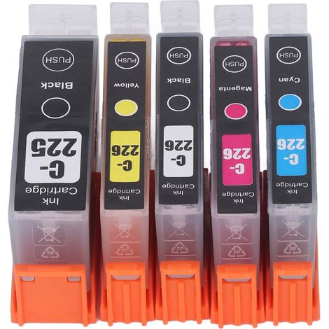 Cartouches d'encre 225-226 avec recharge, compatibles PIXMA IX6520/IP4820/IP4920, MG5120/MG5220, etc. (zone Amérique du Nord). Pack de 5 cartouches (noir/noir/cyan/magenta/jaune). (1/5)
