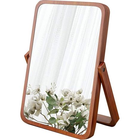 Espejo de madera portátil con soporte para maquillaje, de tocador, de mesa, de escritorio, espejo rectangular de baño de viaje de alta definición plegable que se sostiene solo (marrón) (1/3)
