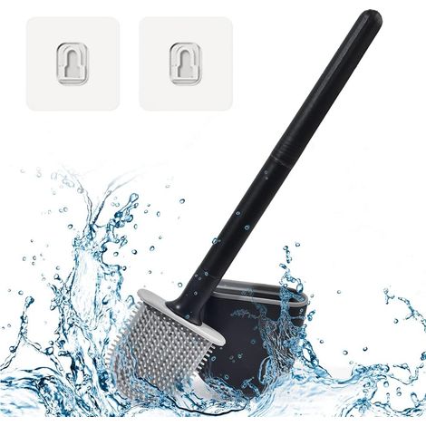 Silikon-Toilettenbürste mit langem Griff – schnell trocknende, flache Badezimmer-Toilettenbürste mit Halter und Anti-Tropf-Basis (schwarz)