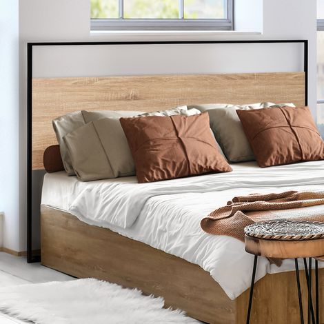 DETROIT Cabecero de 145 cm de diseño industrial de madera y metal negro con fijaciones de pared