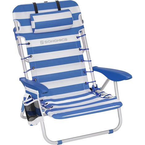 SONGMICS Beach Chair, Folding Camping Chair, with Shoulder Strap, Adjustable Backrest, Headrest, Armrest, 2 Side Pockets, Blue and White GCB62BU (1/5)