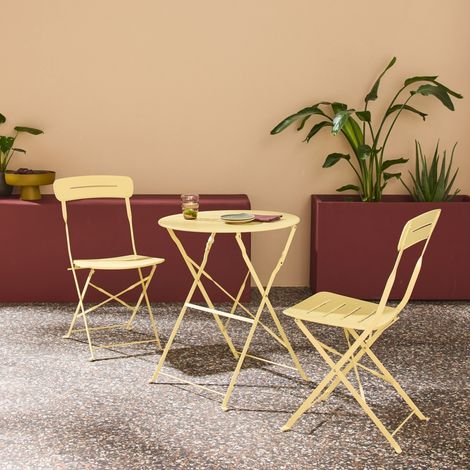 Table de jardin bistrot pliante ronde acier + 2 assises jaune - Balconea