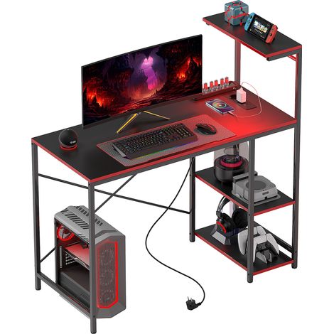 Scrivania da gaming in fibra di carbonio con luci LED, 110x50 cm, prese di corrente, ripiani e telecomando, colore nero.
