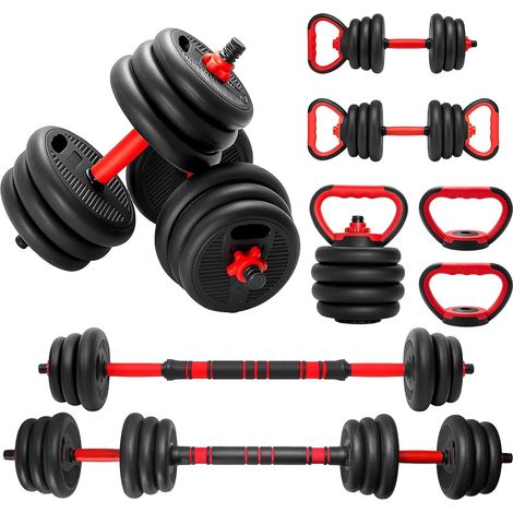 Trintion 4-in-1 verstellbares Hantelset mit Langhantel- und Kugelhantelgriffen, freies Gewichtstrainingsset für die Fitness im Heim-Fitnessstudio, 20 kg, Schwarz/Rot (1/5)
