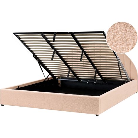 Ottoman Bed Peach Pink Boucle Fabric EU Super King Size 6ft with Headboard Modern Design Storage CHADENET