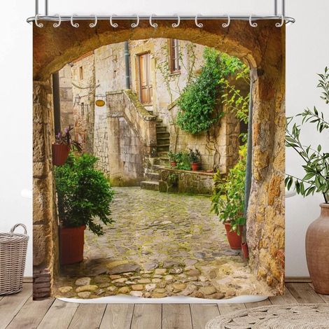 3D Duschvorhang 180x200, Gartenpflanzen Landschaft Avenue Bild Duschvorhänge Italien Outdoor Wasserdichter Badvorhang Waschbar Polyestergewebe Badezimmervorhang mit Haken