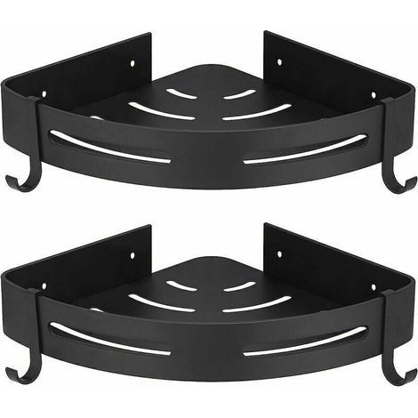 Schwarzes Eckduschregal, kein Bohren erforderlich, Badezimmeraufbewahrung, Duschzubehör, Seifenablage, rostfreies Aluminium, 2er-Set mit Haken (1/5)
