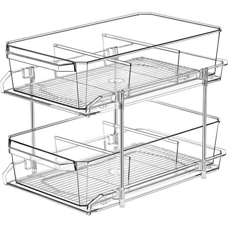 Meuble de rangement à 2 compartiments coulissants transparents avec séparateurs, polyvalent, pour cuisine, garde-manger, salle de bains, coiffeuse, rangement sous évier (1/5)