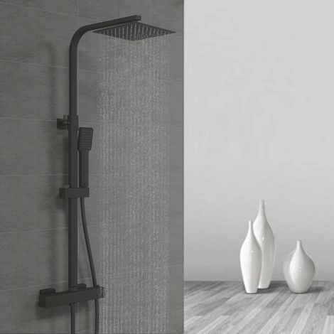 Ocean Sanitaire – Colonne de douche thermostatique noire – Douche de tête carrée 20 x 20 cm – Douchette à main 360° – Hauteur réglable 730-1150 mm (1/5)