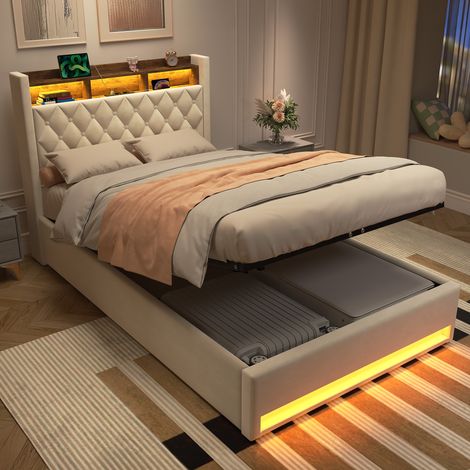 Lit coffre 140x190 cm en velours beige avec LED, USB et prise HAVRYA (1/5)