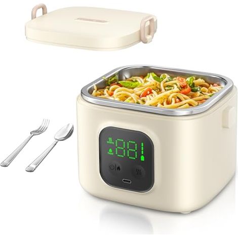 Boîte à lunch électrique sans fil pour adultes et enfants - Batterie 14 000 mAh, chauffe-plats auto-chauffant rechargeable par USB-C, 800 ml (27 oz), idéale pour le bureau, l'école et le camping.