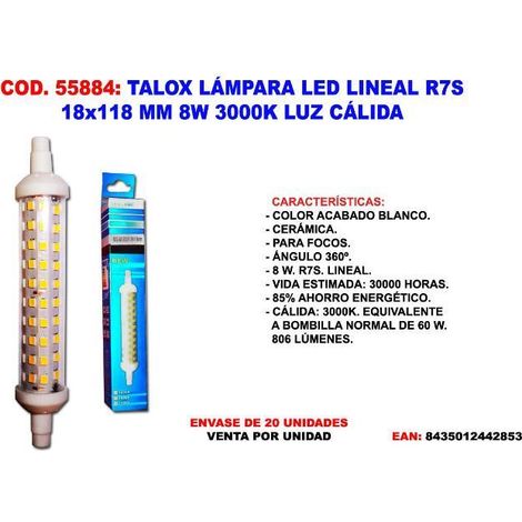 talox lampara led r7s 18 x 118 mm lineal  8w 3000k luz calida