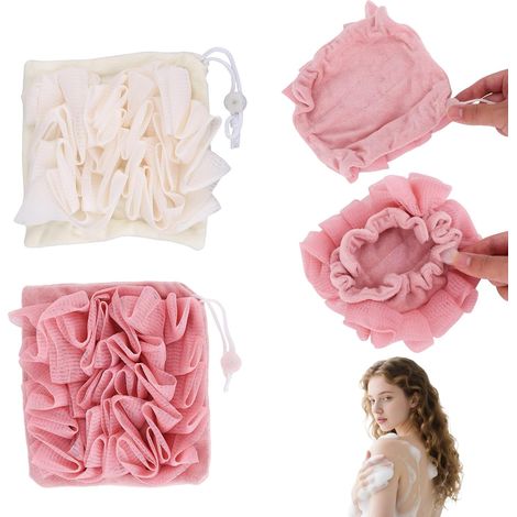 2pcs Gant de toilette, Maillage PE, Tissu éponge, Cordon réglable, Pour savon solide, Douche et exfoliation (1/5)