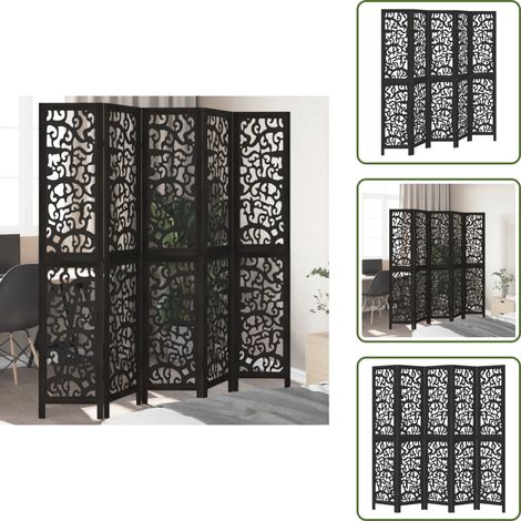 Biombo decorativo - vidaXL Biombo separador de 5 paneles madera maciza Paulownia negro - Panel de madera
