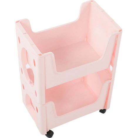 Chariot de rangement mobile grande capacité, épais, avec roulettes verrouillables, pour livres, jouets, flacons d'épices, 2 niveaux, rose (1/5)