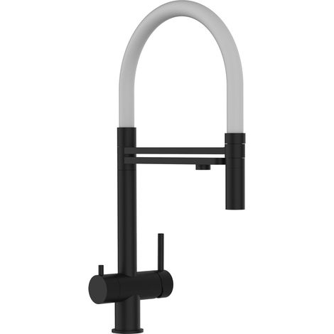 Rubinetto 3 VIE miscelatore lavello cucina in ACCIAIO INOX, canna girevole 360° e doccetta 2 getti movibile, PVD Nero Opaco / Bianco (1/5)