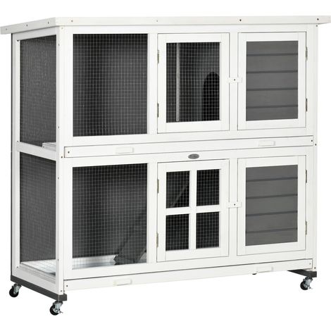Wooden Rabbit Hutch, Two-Tier Guinea Pig Cage, with Removable Tray, Wheels