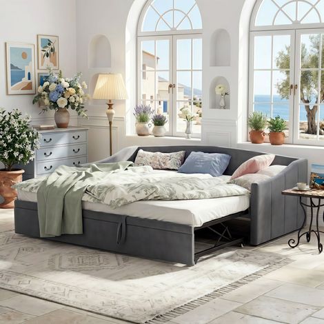 Schlafsofa 90/180x200 cm - 2-Sitzer Ausziehsofa aus Samt, inklusive Lattenrost, für Wohnzimmer und Schlafzimmer - Grau (1/5)