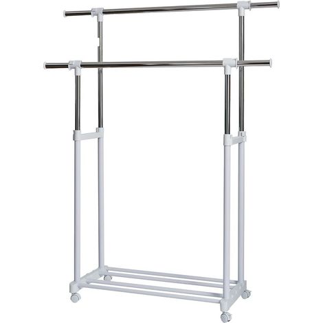 Porte manteau sur roulettes - 2 barres de penderie réglables - rangement pour chaussures - hauteur et largeur réglables - blanc/chrome (1/4)