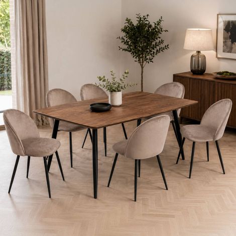 Dmora - Set di 6 sedie Achito, Poltrona rivestita in velluto, Sedia da pranzo imbottita, Seduta per riunioni, 51x54h82 cm, Tortora (1/5)