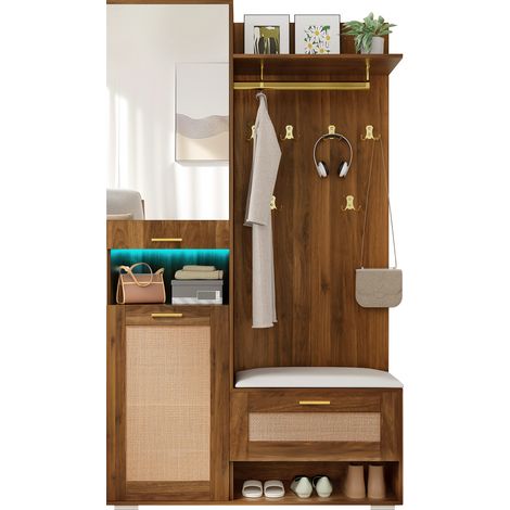 Ensemble dressing entrée miroir crochets dorés meuble chaussures banc LED 16 couleurs rangement complet moderne 90x