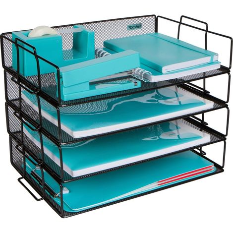 1 Organiseur de bureau, 4 niveaux, métal grillagé, étagères coulissantes, pour documents et dossiers, bureau maison école (1/5)