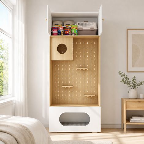 Armoire multifonction pour animaux avec mur d'escalade, niche, couchages et coussin, 90x50x202 cm, coloris blanc et bois (1/5)