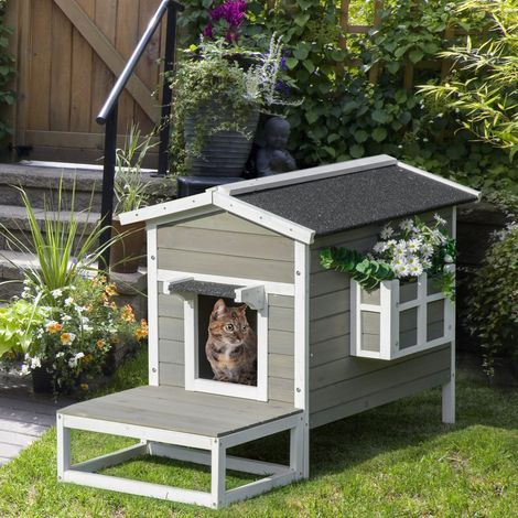 Caseta para gatos (115x66.5x74.7 cm), con terraza y balcón, suelo elevado, madera gris (1/5)