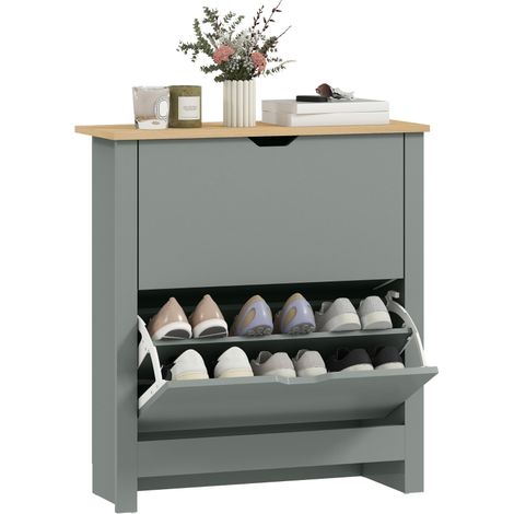 Armoire à chaussures gris clair avec 2 compartiments rabattables pour 8 à 12 paires, dimensions 72 x 26 x 80 cm (1/4)