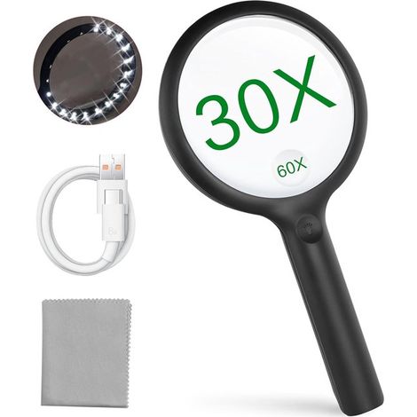 Loupe avec éclairage LED – Grossissement 30X/60X – Rechargeable USB – 3 modes d’éclairage – Noir – Lecture (1/5)