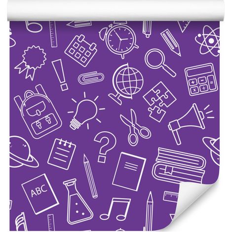 Papel pintado con motivos escolares en tonos morado y lavanda para salón y dormitorio, 50x1000 cm. (1/5)