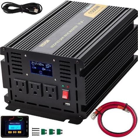 Onduleur à onde sinusoïdale modifié DC12V / DC24V à AC120V Écran LCD en alliage d'aluminium &Indicateurs LED for l'alimentation électrique de la maison de voiture (Color : 1500W) (1/5)