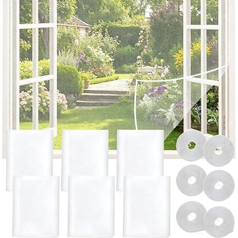 Lot de 6 moustiquaires autocollantes pour fenêtre, 130 x 150 cm, à découper soi-même, filet anti-insectes amovible pour insectes, mouches et moustiques, garde au frais et sans parasites en été (blanc) (1/5)