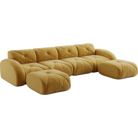 Divano modulare a U 4 posti senza telaio in ciniglia gialla con 2 pouf, senza montaggio (1/5)