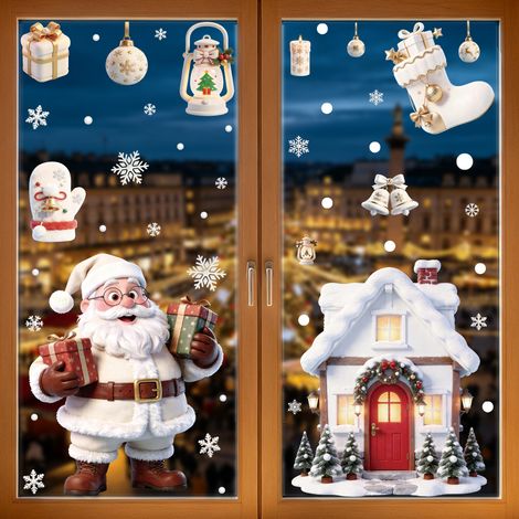 Autocollants de Noël populaires en platine pour fenêtres, autocollants en verre Père Noël, sapin de Noël, bonhomme de neige, autocollants statiques de maison de Noël