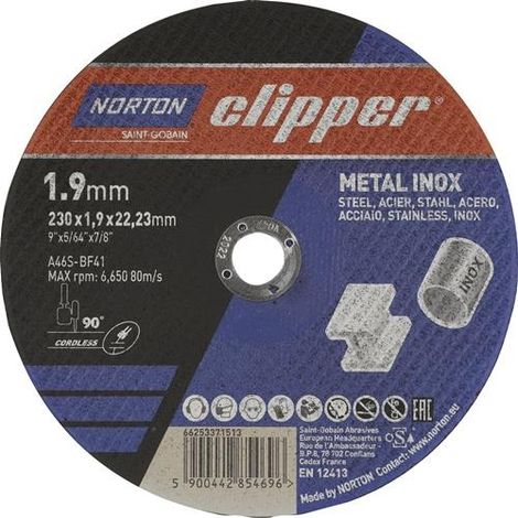 Disco de corte D230x1,9mm Tipo 41 Metal-Inox Bohr.22,23mm NORTON CLIPPER (1/2)