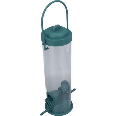 Mangeoire tubulaire suspendue à 2 ports, en plastique transparent, pour pinsons, idéale pour terrasse, jardin ou extérieur. (1/5)