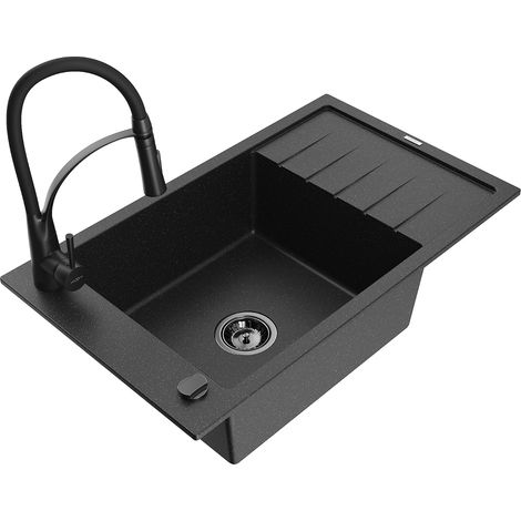 Mexen Elias lavello in granito 1 vasca con sgocciolatoio e rubinetto da cucina Aster, nero/argento metallizzato (1/5)