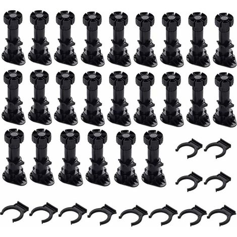 24 Pièces Pieds D'Armoire Plastique, Pied de Meuble, Pied Réglable pour Meuble, Noir Pieds de Meuble Plastique avec Clip Fixation Base pour Meubles de Cuisine, Armoire et Canapé (60mm-8mm) (1/5)